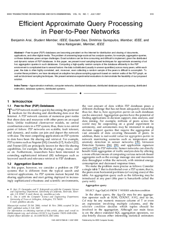 (PDF) Efficient approximate query processing in peer-to-peer networks