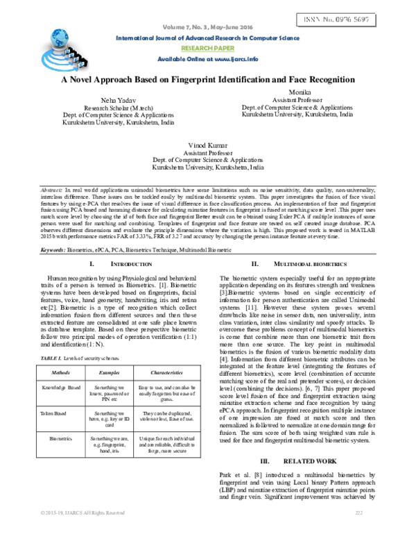 A Novel Approach Based on Fingerprint Identification and Face Recognition