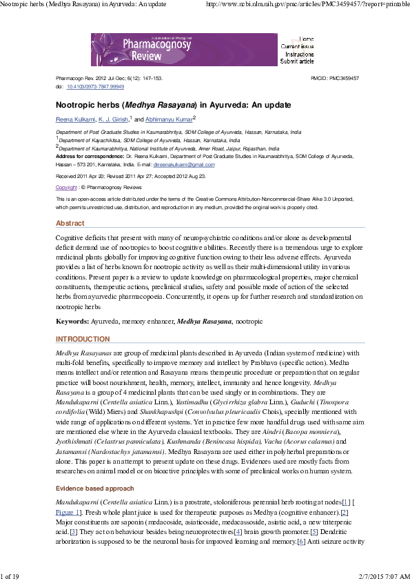 (PDF) Nootropic herbs (Medhya Rasayana) in Ayurveda: An update