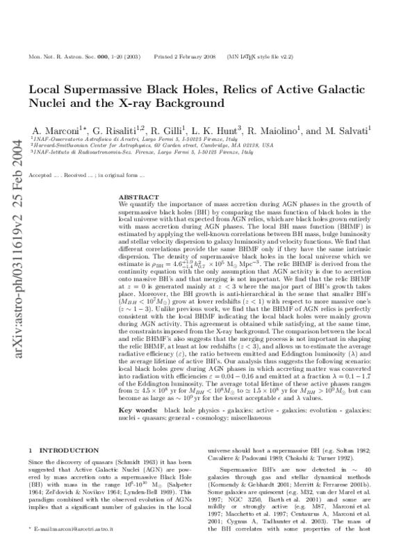 Pdf Local Supermassive Black Holes Relics Of Active Galactic Nuclei 