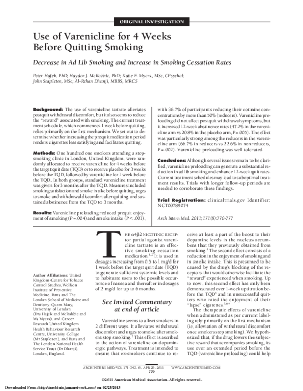 (PDF) Use of Varenicline for 4 Weeks Before Quitting Smoking