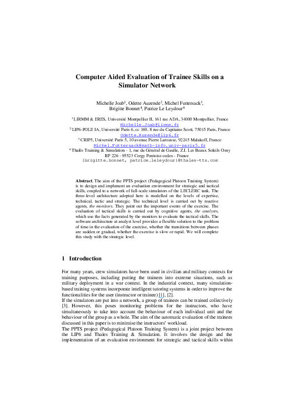 (PDF) Computer Aided Evaluation of Trainee Skills on a Simulator Network