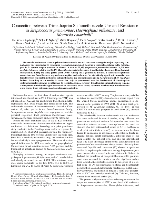 (PDF) Connection between TrimethoprimSulfamethoxazole Use and Resistance in Streptococcus