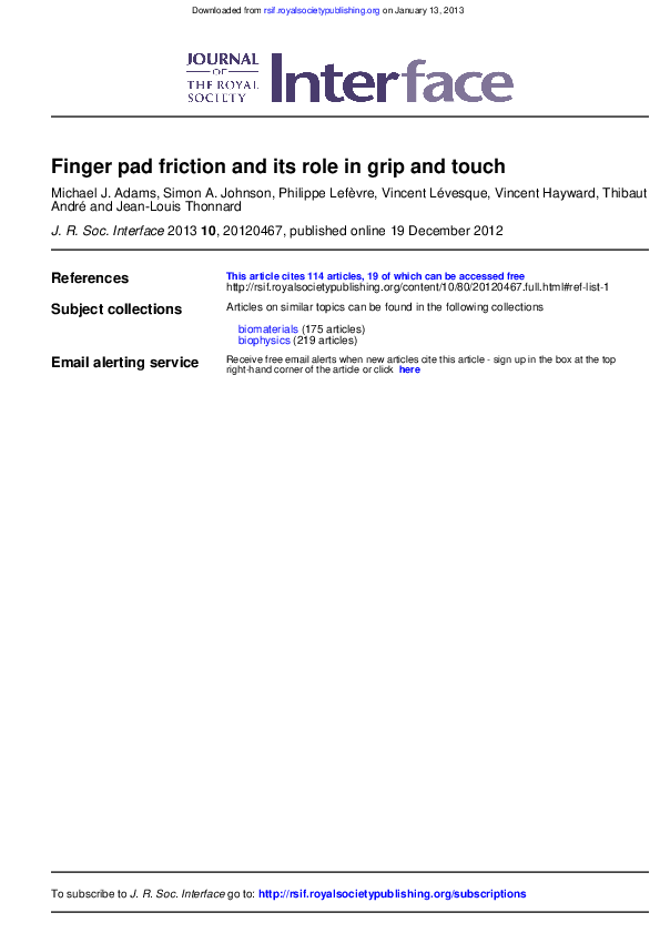 (PDF) Finger pad friction and its role in grip and touch Vincent