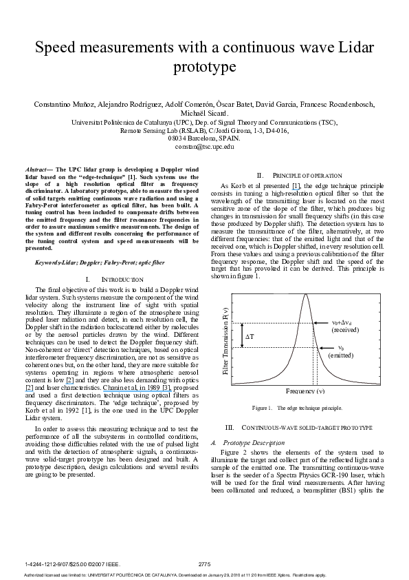 (PDF) Speed measurements with a continuous wave lidar prototype