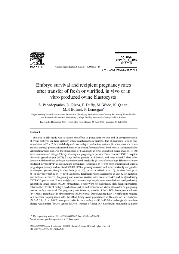 (PDF) Embryo survival and recipient pregnancy rates after transfer of ...