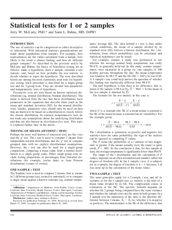 (PDF) Statistical tests for 1 or 2 samples