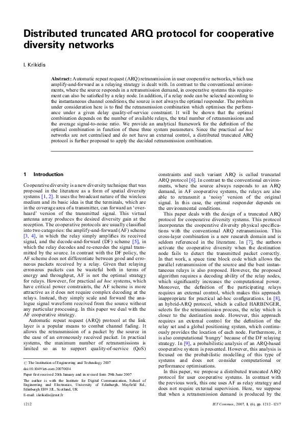 (PDF) Distributed truncated ARQ protocol for cooperative diversity networks