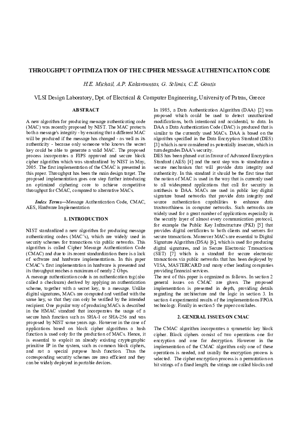 (PDF) Throughput Optimization of the Cipher Message Authentication Code