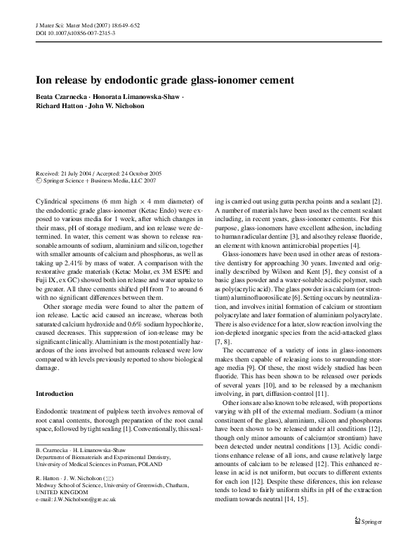 (PDF) Ion release by endodontic grade glassionomer cement John Nicholson Academia.edu