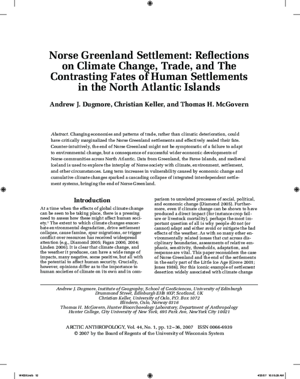 Norse Greenland Settlement: Reflections on Climate Change, Trade, and the Contrasting Fates of Human Settlements in the North Atlantic Islands