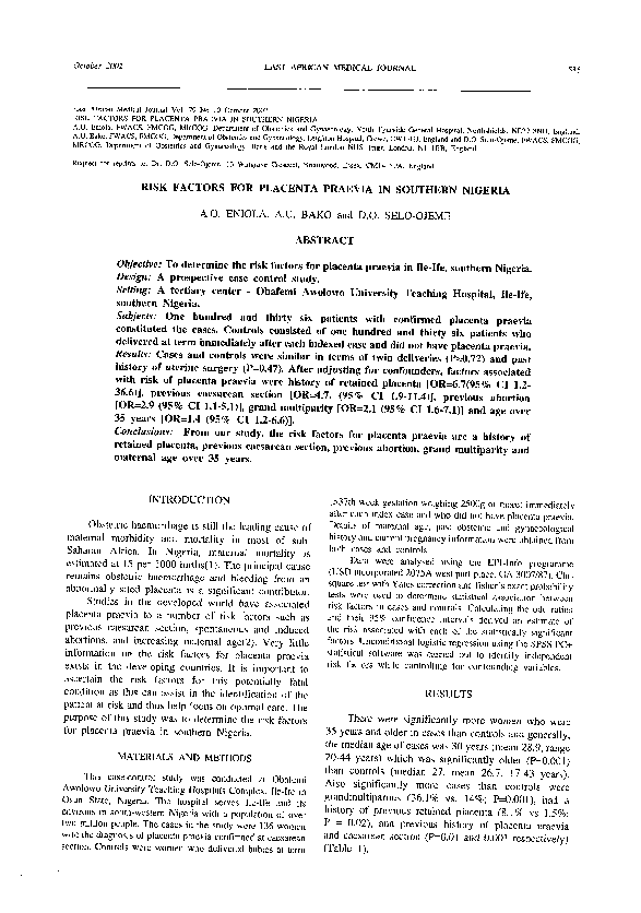 (PDF) Risk factors for placenta praevia in Southern Nigeria | D. Selo ...