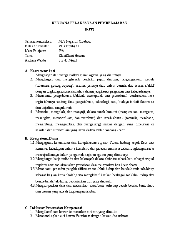 Doc Rpp Klasifikasi Hewan Misri Yati Academia Edu