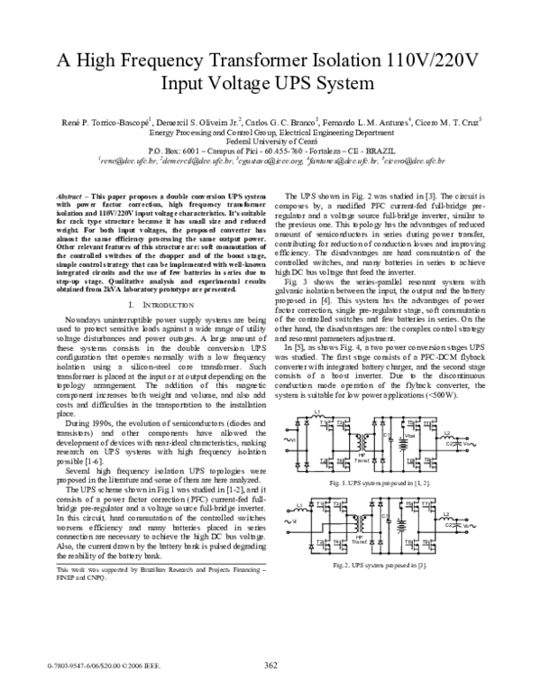 (PDF) A High Frequency Transformer Isolation 110V/220V Input Voltage UPS System Carlos Branco