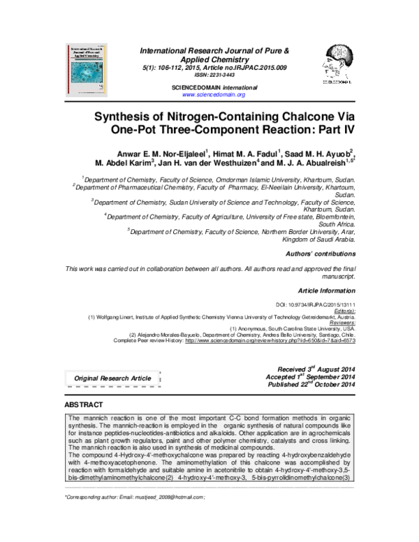 (PDF) Synthesis of Nitrogen-Containing Chalcone Via One-Pot Three ...