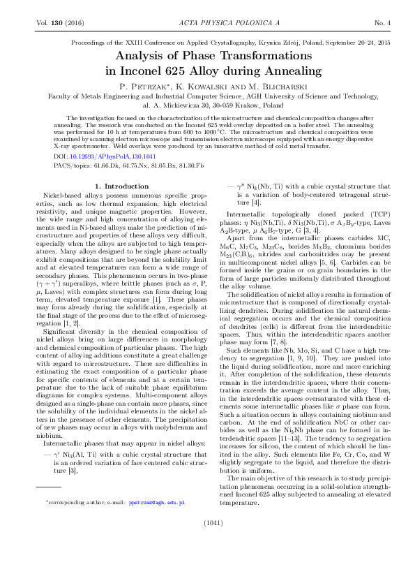 (PDF) Analysis of Phase Transformations in Inconel 625 Alloy during ...
