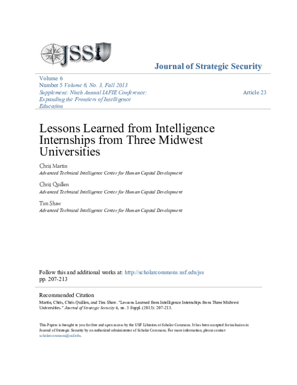 (PDF) Lessons Learned from Intelligence Internships from Three Midwest ...