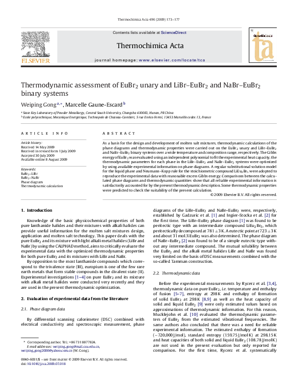 (PDF) Thermodynamic assessment of EuBr 2 unary and LiBr–EuBr 2 and NaBr ...