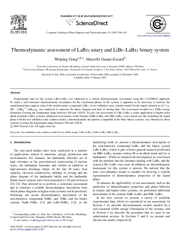 (PDF) Thermodynamic assessment of LaBr 3 unary and LiBr–LaBr 3 binary ...