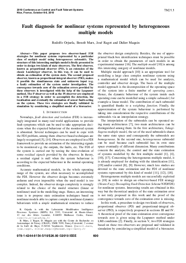 (PDF) Fault diagnosis for nonlinear systems represented by ...