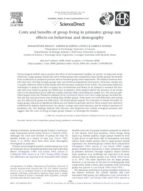 (PDF) Costs and benefits of group living in primates: group size ...