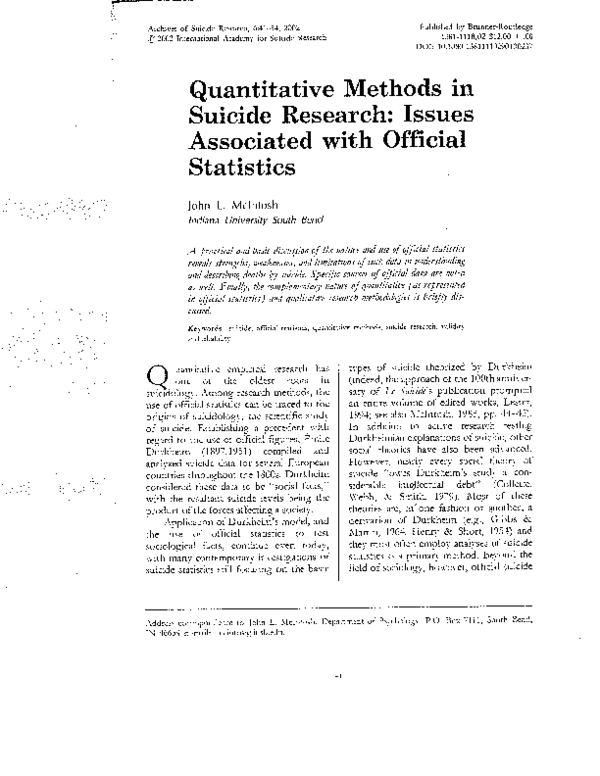 (PDF) Quantitative Methods in Suicide Research: Issues Associated With ...