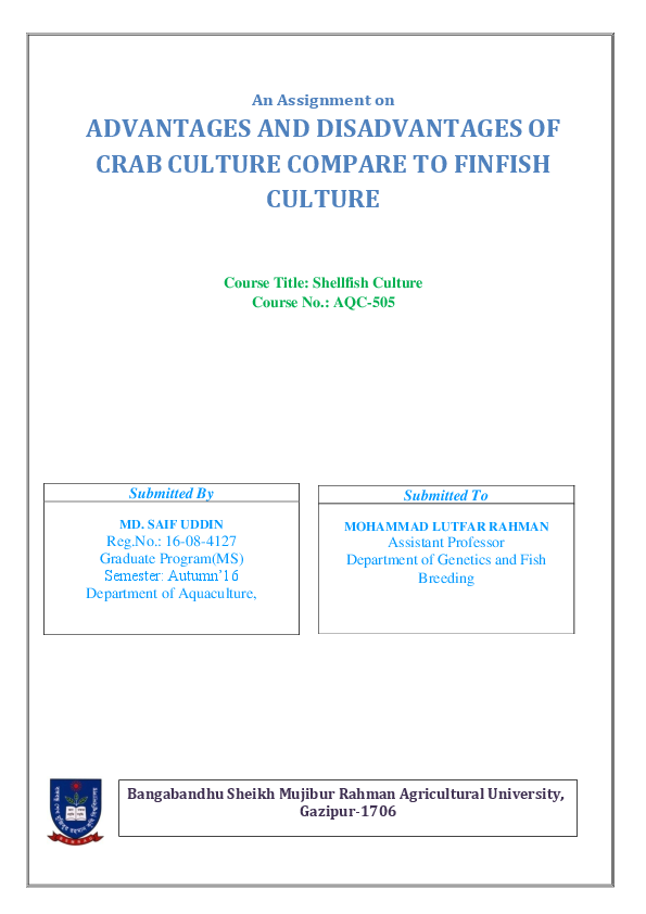 (PDF) ADVANTAGES AND DISADVANTAGES OF CRAB CULTURE COMPARE TO FINFISH