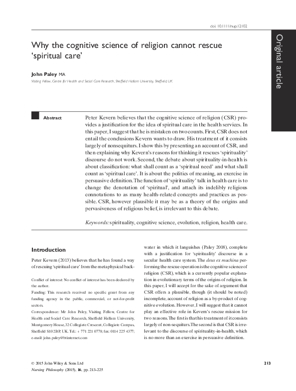 (PDF) Why the cognitive science of religion cannot rescue 'spiritual care'