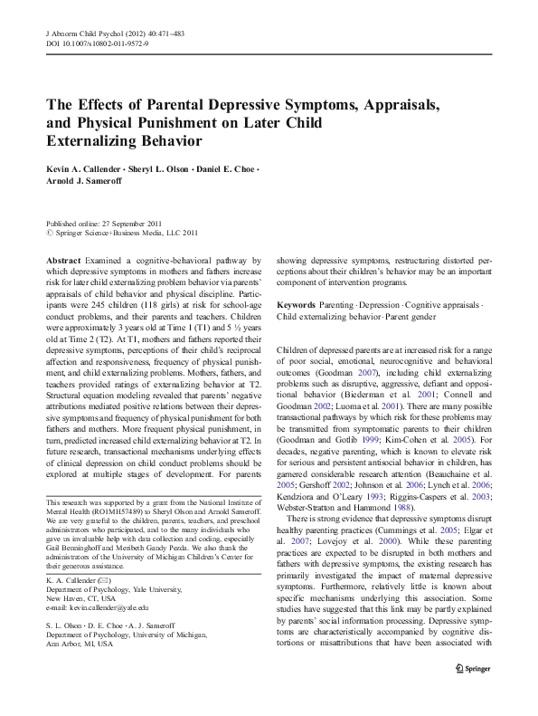 (PDF) The Effects of Parental Depressive Symptoms, Appraisals, and ...