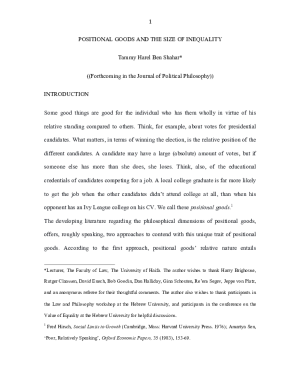 (PDF) POSITIONAL GOODS AND THE SIZE OF INEQUALITY, J. of Political ...