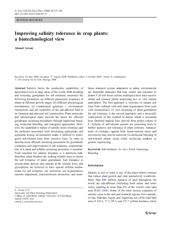(PDF) Improving salinity tolerance in crop plants: a biotechnological view