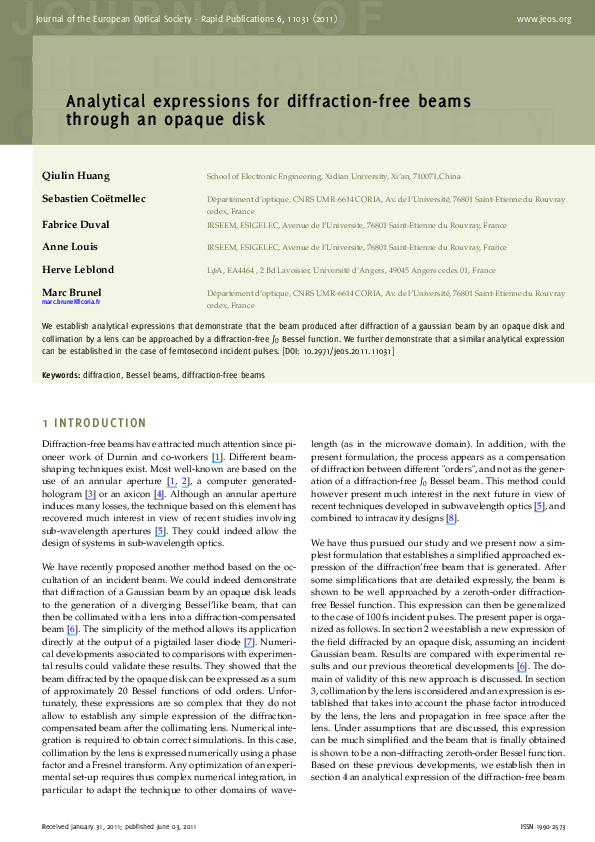  pdf analytical expressions for diffraction free beams through an