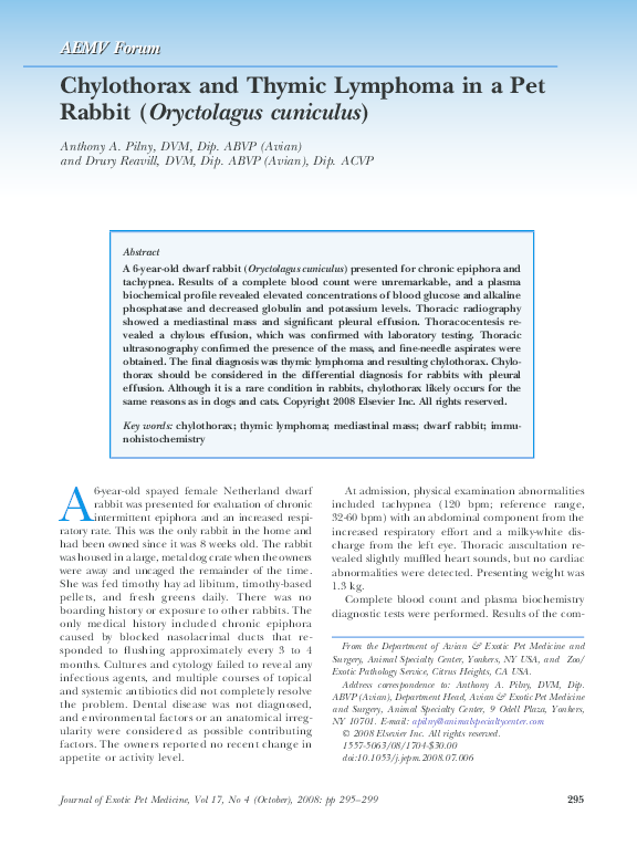 (PDF) Chylothorax and Thymic Lymphoma in a Pet Rabbit ( Oryctolagus