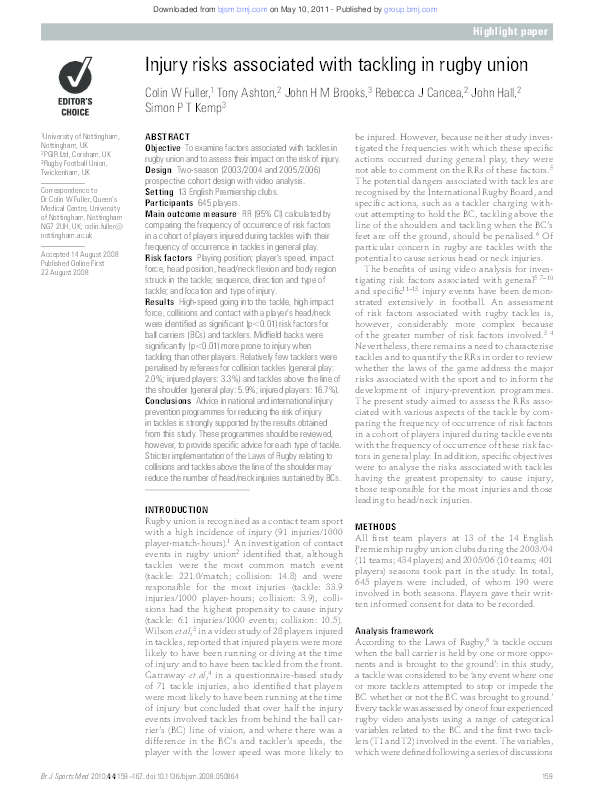 (PDF) Injury risks associated with tackling in rugby union
