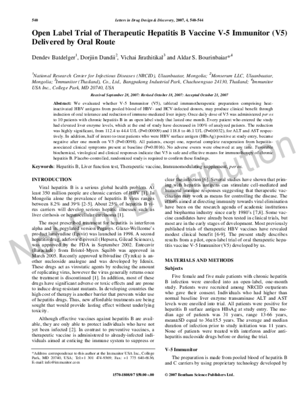 (PDF) Open Label Trial of Therapeutic Hepatitis B Vaccine V-5 Immunitor ...