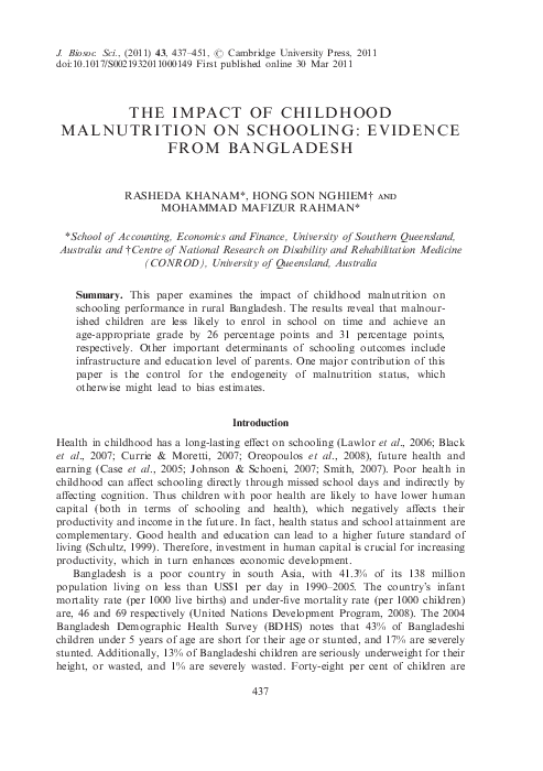 (PDF) The Impact of Childhood Malnutrition on Schooling: Evidence from ...