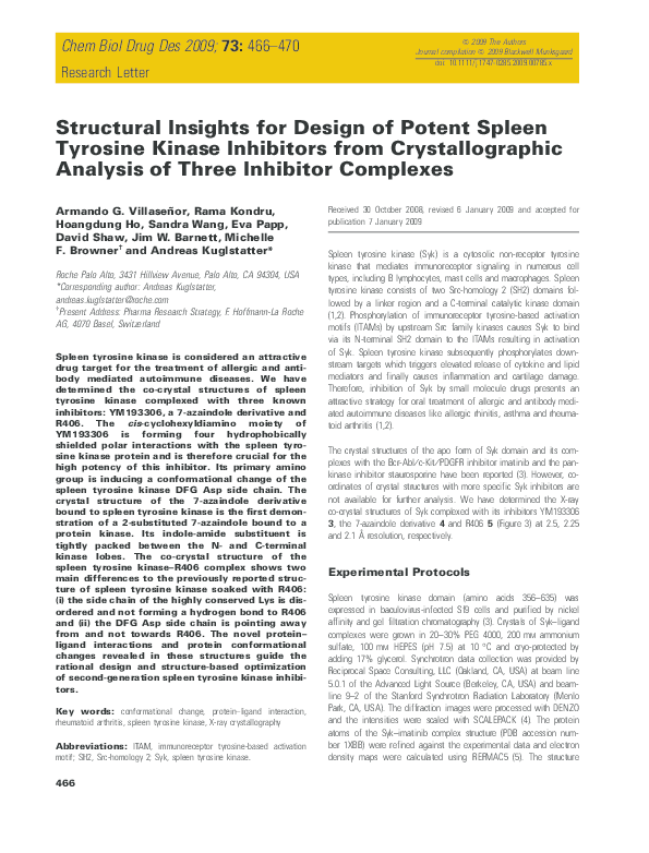(PDF) Structural insights for design of potent spleen tyrosine kinase ...