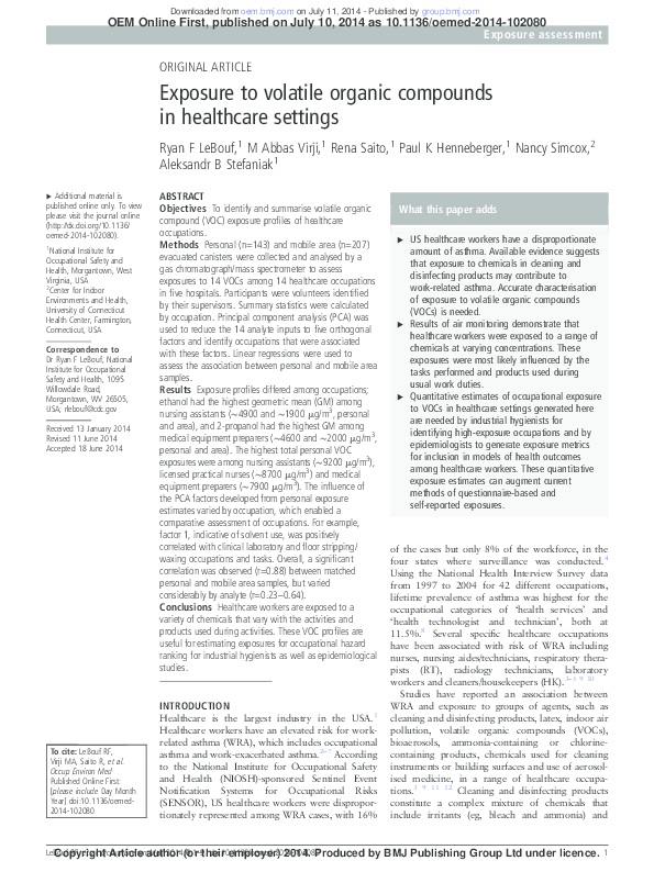 (PDF) Exposure to volatile organic compounds in healthcare settings
