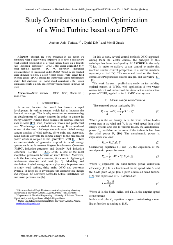 (PDF) Study Contribution to Control Optimization of a Wind Turbine ...