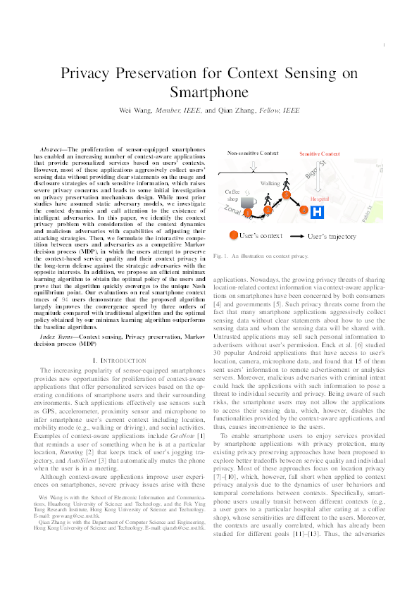 (PDF) Privacy Preservation for Context Sensing on Smartphones