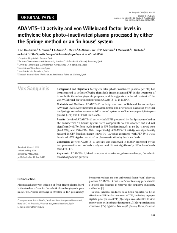 (PDF) ADAMTS-13 activity and von Willebrand factor levels in methylene ...