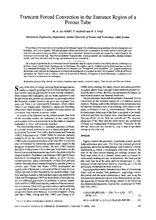 (PDF) Transient forced convection in the entrance region of a porous tube