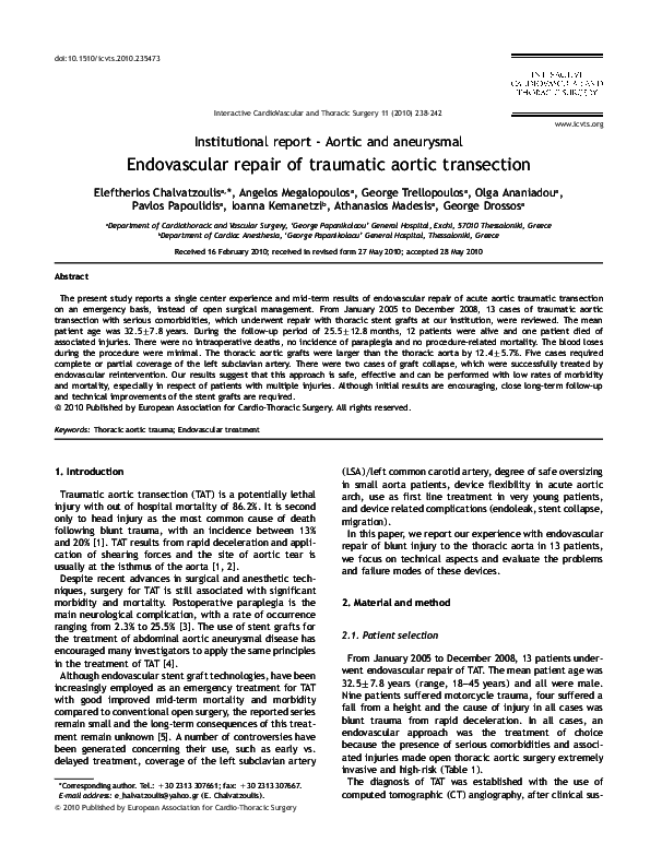 (PDF) Endovascular repair of traumatic aortic transection