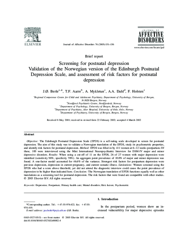 (PDF) Screening for postnatal depression Validation of the Norwegian ...