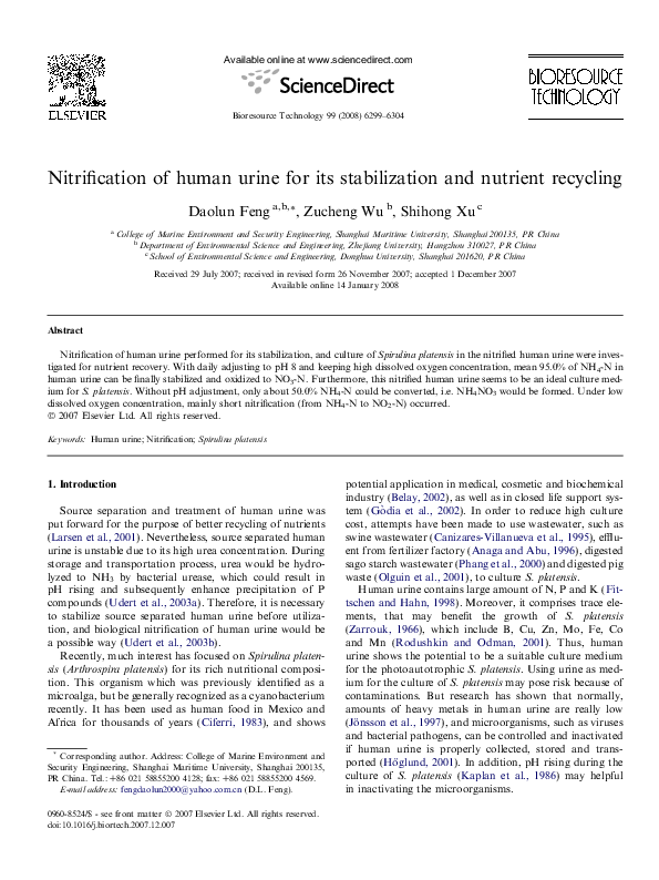(PDF) Nitrification of human urine for its stabilization and nutrient