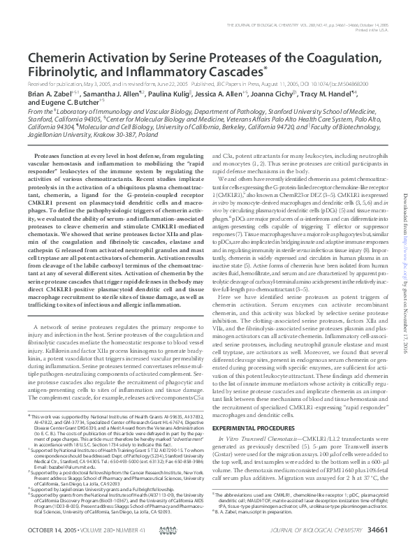 (PDF) Chemerin Activation by Serine Proteases of the Coagulation ...