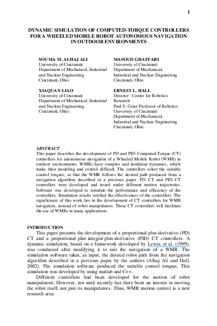 (PDF) DYNAMIC SIMULATION OF COMPUTED-TORQUE CONTROLLERS FOR A WHEELED ...