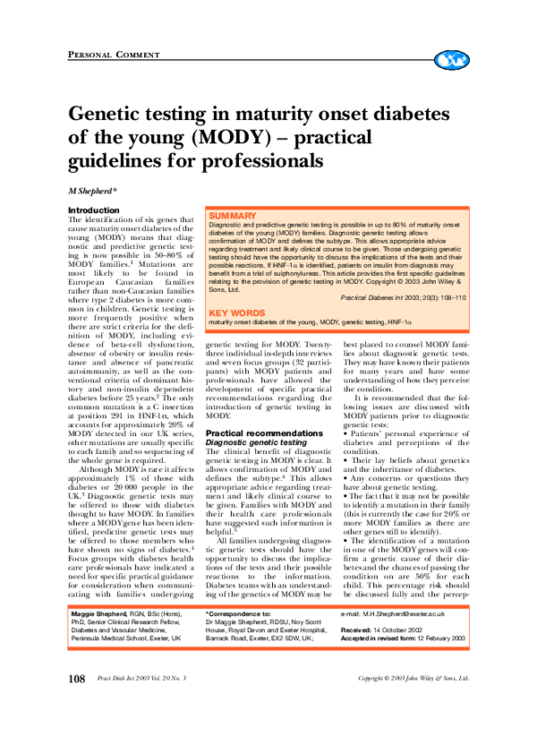 (PDF) testing in maturity onset diabetes of the young (MODY