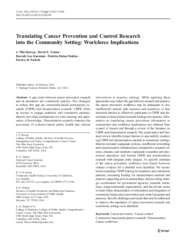 (PDF) Translating Cancer Prevention and Control Research into the ...