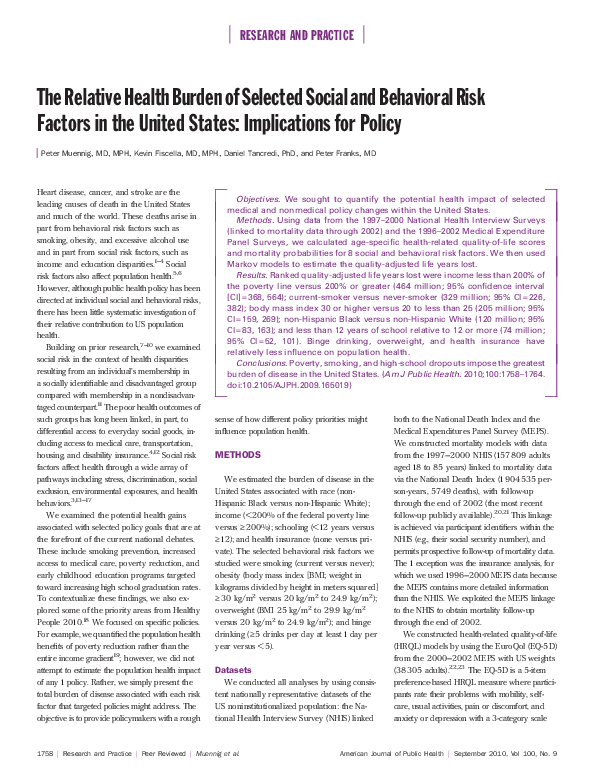  PDF The Relative Health Burden Of Selected Social And Behavioral Risk Factors In The United 